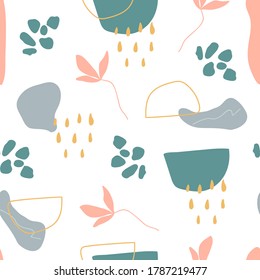 Organic shapes seamless pattern. Unique hand drawn abstract shapes texture. Memphis style background. Minimal stylish cover template in pastel colors. Social media stories. Vector illustration.