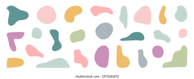 Organic shapes set. Irregular blob. Random oval, round stain. Color liquid silhouette. Modern minimal paint. Art design element. Smooth drip. Simple blotch. Vector illustration.