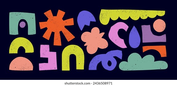 Organic Shapes Set in Kids Naive Art Style. Vector Colorful Abstract Geometric Forms. Cut Paper Collage Figures for Patterns, Templates, Stickers, Promo Design, Web Design and Social Media