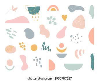 Organic shapes set. Minimal stylish cover template. Hand draw abstract design elements in pastel colors. Art form for social media stories, branding, banner, decor. Bohemian style Vector illustration.
