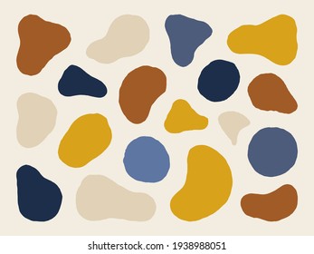 Organic Shapes Set in Minimal Trendy Style. Vector Hand Draw Abstract Elements in Mustard, Brown and Blue Colors