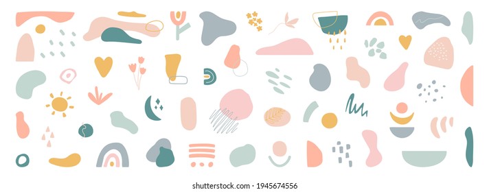 Organic shapes set on long banner. Hand draw abstract design elements in pastel colors. Minimal stylish cover template. Art form for social media stories, branding, banner, decor. Vector illustration.