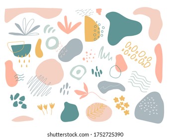 Organic shapes set on white background. Hand draw abstract design elements in pastel colors. Minimal stylish cover template. Art form for social media stories, branding, banner. Vector illustration.