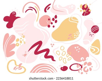 Organic shapes set on white background. Hand draw abstract design elements. Viva Magenta color. Minimal cover template. Art form for social media stories, branding, banner. Vector illustration.