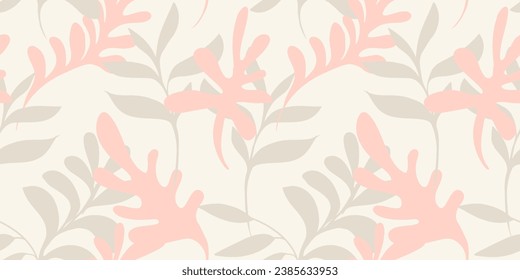 Organic shapes stem leaves seamless pattern. Vector hand drawn doodle sketch. Monotone pastel light  minimalistic simple  print. Template for design, fashion, textile, fabric, wallpaper