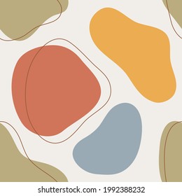 Organic shapes vector seamless pattern with lines. Hand drawn illustration, multicolored. Abstract background for prints, fabrics, posters, covers, social media posts.