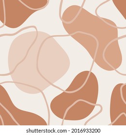 Organic shapes vector seamless pattern with lines. Hand drawn illustration in beige tones. Abstract background for prints, fabrics, posters, covers, social media posts.