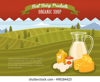 Organic shop banner with different rustic dairy products on background of green rural landscape, vector illustration. Organic farm food concept. Locally grown and fresh natural milk products.