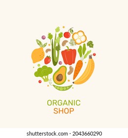 Organic shop banner with vegetables,berries,fruits.Natural products-banana,lemon,cabbage,celery and carrot,pepper and avocado,strawberry,beans and blueberry and cranberries.Vector for web,design,print