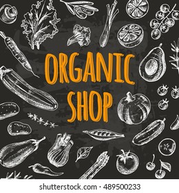 Organic shop card with vegetables on the chalkboard. Hand drawn vector illustration. Can be used for farmers market, cafe, poster, banner, emblem, sticker, placard and other design.