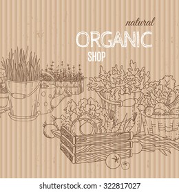 Organic shop concept with autumn harvest, vegetables and herbs. Perfect design for  advertising, farming industry, bio product business. Business identity for bio products and agricultural industry.