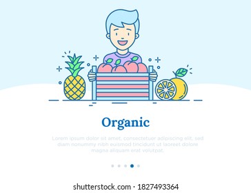 Organic shop concept. Man with fruit box. Peach, pineapple, lemon thin line icons. Vector illustration.