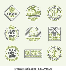 Organic Shop And Farm Fresh Logo Set Color Line Style Isolated On Background For Natural Product Company, Healthy Food Market, Vegan Cafe, Eco Store, Nature Firm, Garden, Farming. Vector Illustration