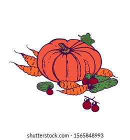 Organic shop ilustration. Copy space. Variety of decorative vegetables hand-drawn in cartoon style. Isolated on white background. Farmers market, Organic food poster, cover or banner design. Vector.