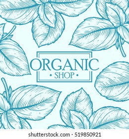 Organic shop leaf vector hand drawn template packaging cosmetic, label, banner, poster, identity, branding. Stylish design with sketch illustration of floral nature branches. care,care organic shop