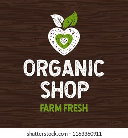 Organic shop logo, farm fresh food label, board, wood, elements, emblem for eco shop, restaurants, organic products stock vector illustration