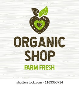 Organic shop logo, farm fresh food label, board, wood, elements, emblem for eco shop, restaurants, organic products stock vector illustration