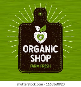 Organic shop logo, farm fresh food label, cutting board, rays, wood, elements, emblem for eco shop, restaurants, organic products stock vector illustration