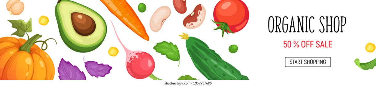 Organic shop poster with fresh fruits and vegetables isolated on white background. Horizontal composition from food.