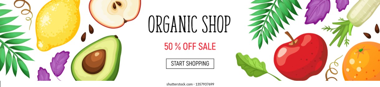 Organic shop poster with fresh fruits and vegetables isolated on white background. Horizontal composition from food.