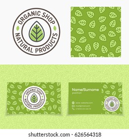 Organic shop set with logo consisting of green leaf, leaves pattern and cards for natural product market, organic shop, ecology company, green unity, nature firm, garden, farming. Vector Illustration