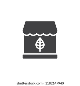 Organic shop vector icon. filled flat sign for mobile concept and web design. Shop with leaf simple solid icon. Shop of plants symbol, logo illustration. Vector graphics