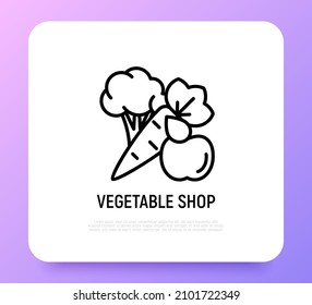 Organic shop, vegetables: apple, broccoli, carrot. Thin line icon. Healthy food. Vector illustration.