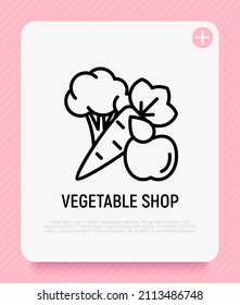 Bio-Geschäft, Gemüse: Apfel, Brokkoli, Karotten. Dünne Linie Symbol. Gesundes Essen. Vektorgrafik.