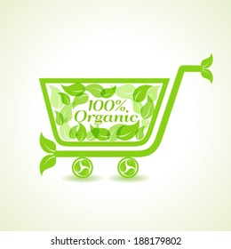 Organic shopping cart with group of leaf stock vector