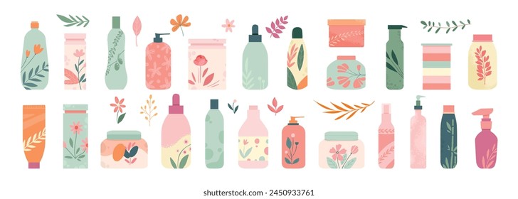 Organic skin care cosmetics. Beauty cream natural scrub and eco shampoo, make up products in different packaging. Vector bottles jars tubes for face moisturizing isolated set. Body lotion, oil on