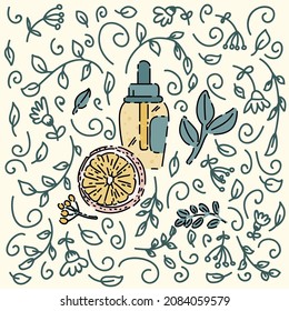 Organic skin care poster. Beautiful postcard self-care, spa, relaxation. Natural poster with organic, natural lotions, creams. Vector illustration