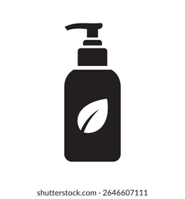 Ícone orgânico da loção do cuidado da pele com garrafa dispenser e símbolo da folha para o produto de beleza natural e eco amigável cuidado do corpo cosmético vetor de rotina ícone de glifo sólido