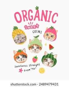 organic slogan with kittens in fruits hat cartoon vector illustration