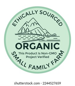 Pequeña granja familiar orgánica, ingredientes de origen ético sin gmo, proyecto verificado y seguro, comida y comida. Etiqueta o etiqueta adhesiva para el paquete de producto, logotipo o emblema. Vector de estilo plano