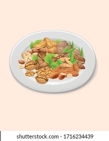 Organic snack, mix nuts set on a white plate template, vector illustration with coloured background