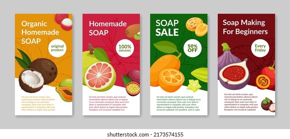 Organic soap beauty cosmetics tropical ingredients web sale discount social media stories poster set vector illustration. Coconut orange mango kiwi passion fruit aroma product for washing hygiene