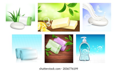 Bio-Seife-Creative Promotion-Plakate setzen Vektorgrafik. Aromatische Zitronen und flüssige Seife, natürliche Aloe- und Baumreste auf Werbebannern. Illustrationen zum Thema Hygienische Produktstil