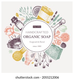 Organic soap wreath design in color. Hand-sketched aromatic materials and natural ingredients for cosmetics, perfumery. Great for branding, packaging, identity, web banners. Soap frame