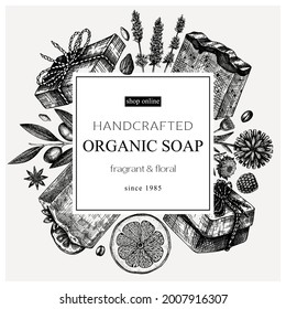 Organic soap wreath design in vintage style. Hand-sketched aromatic materials and natural ingredients for cosmetics and perfumery brands. Great for branding, soap packaging, identity, web banners.