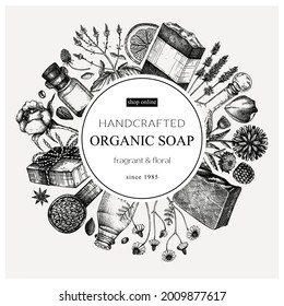 Organic soap wreath design in vintage style. Hand-sketched aromatic materials and natural ingredients for cosmetics, perfumery. Great for branding, packaging, identity, web banners. Soap frame