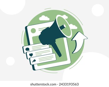 Organic social media posting, content creation graphics, authentic storytelling, smm audience engagement, genuine social media presence, community building visual vector illustration isolated on white