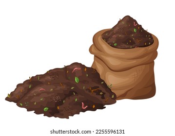 Organic soil heap for compost, garden recycling natural garbage. Earth worms and biodegradable trash. Vector illustration.