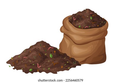 Organic soil heap for compost, garden recycling natural garbage. Earth worms and biodegradable trash. Vector illustration.