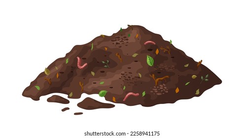 Organic soil heap for compost, garden recycling natural garbage. Earth worms and biodegradable trash. Vector illustration.
