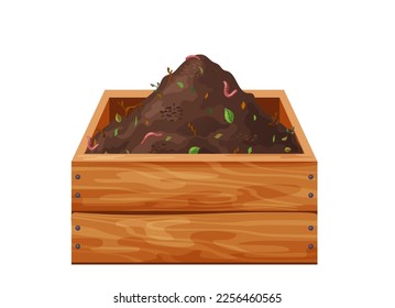 Organic soil heap for compost in wooden box, garden recycling natural garbage. Earth worms and biodegradable trash. Vector illustration.