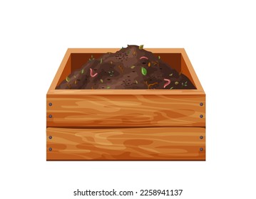 Organic soil heap for compost in wooden box, garden recycling natural garbage. Earth worms and biodegradable trash. Vector illustration.