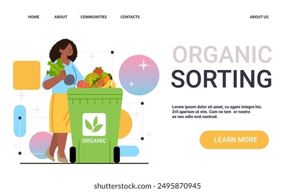 Organic sorting waste management concept woman holding vegetables placing them in green bin colorful geometric background website design