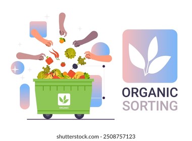 Organic sorting waste management concept hands throwing vegetables into green bin colorful abstract background