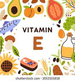 Organic sources of Vitamin E. Card with natural healthy food and nutrients enriched with tocopherol. Colorful flat vector illustration with olive oil, avocado, sardines, mushrooms and tuna fish