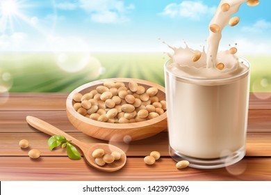 Organic soy milk ads on wooden table and bowl, bokeh green field background in 3d illustration